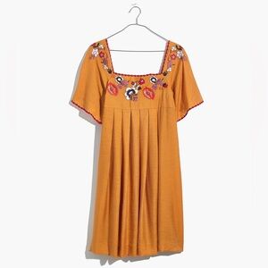 Madewell Embroidered Square Neck Mini Dress Flutter Sleeve Yellow Gold